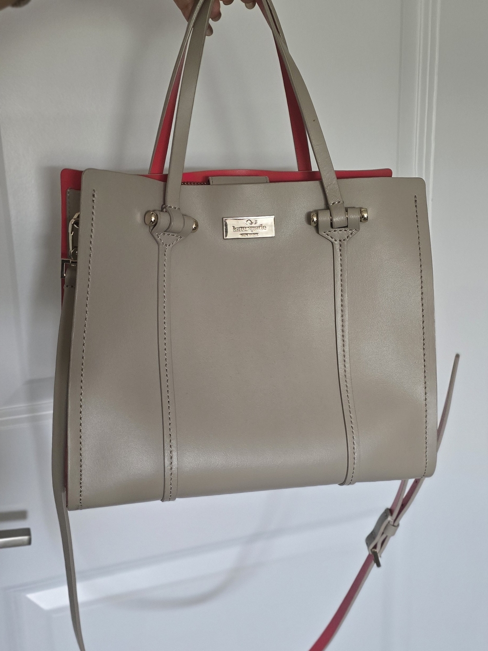 Kate Spade Neutral Taupe Leather Tote with Pink/Coral Interior